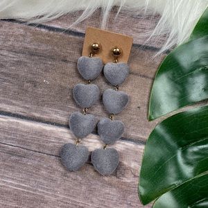 Gray Velvet Dangle Hearts Earrings Gold Finishing